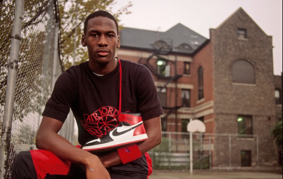 Young Michael Jordan with Nike sneakers brand awareness campaign
