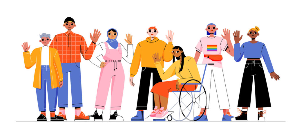 Group of multiracial people, girl in wheelchair, lgbt person and elderly woman . Concept of multiracial and multicultural community. Vector flat illustration of diverse characters