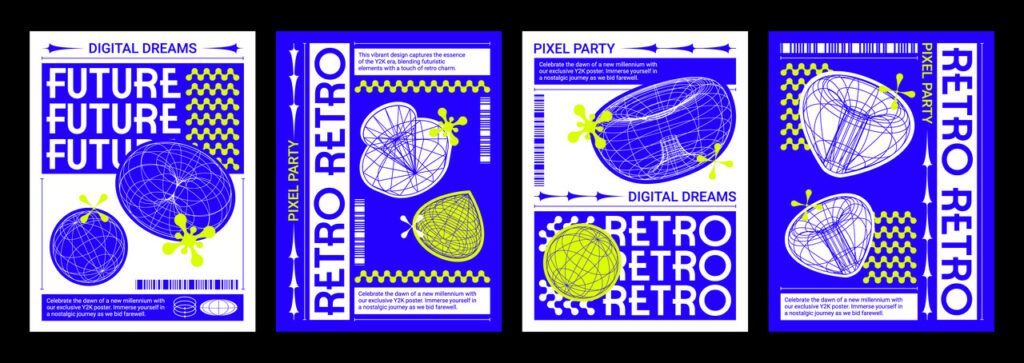 Poster and cover design layout in y2k style with grid abstract simple techno shapes. Vector set of retro bright blue banner in 2000s retro aesthetic with wireframe streetwear figure ornament.